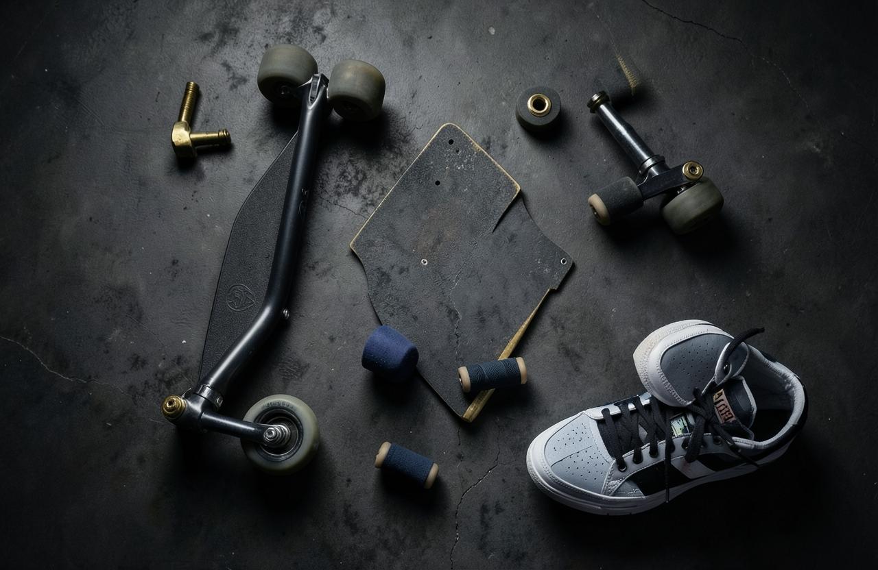 Scooter parts and sneakers laid out on concrete